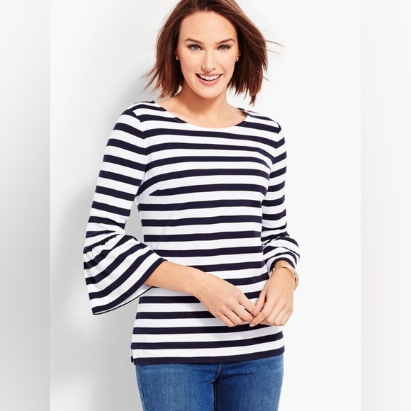 Talbots flare sleeve top striped navy and white petite small 100% cotton - Picture 1 of 6